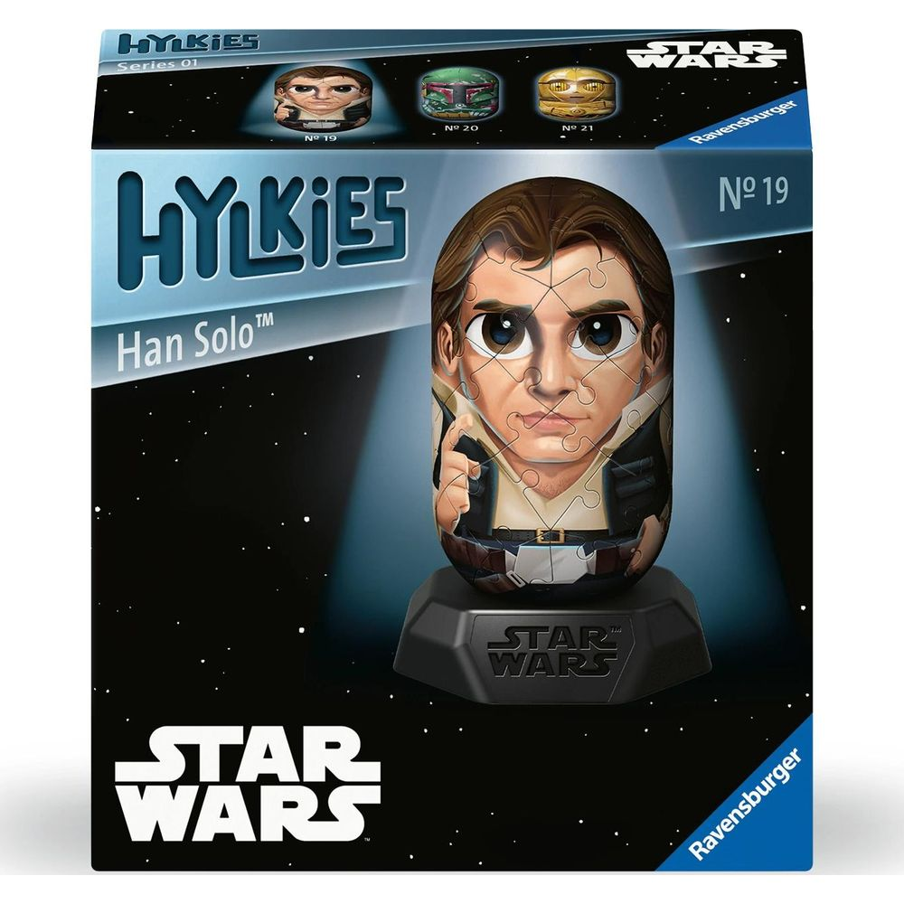 Scatola puzzle Ravensburger Hykies Han Solo con figura 3D su supporto.