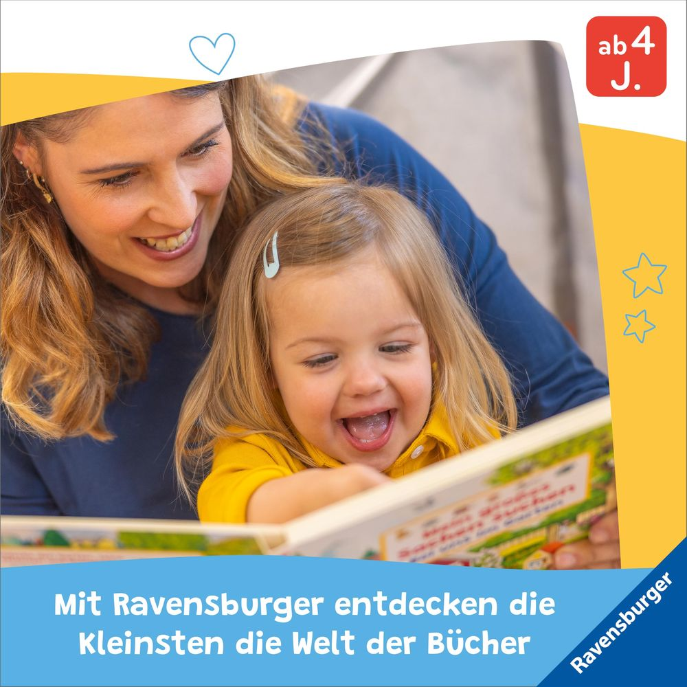 Kobieta czyta książkę śmiejącemu się dziecku. Ravensburger.