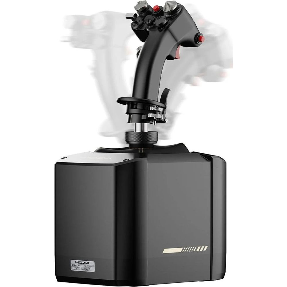 Ein schwarzer Joystick mit Knöpfen und einem Sockel steht auf weißem Grund.