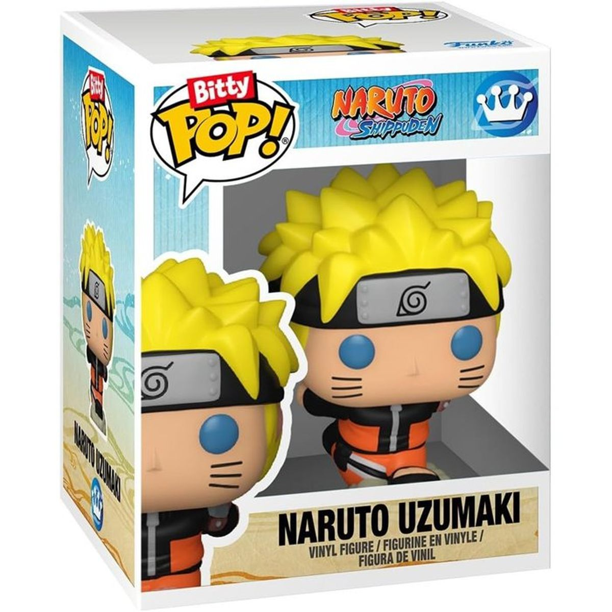 Figura de vinilo Funko Pop Naruto Uzumaki en caja, con pelo amarillo y traje naranja.