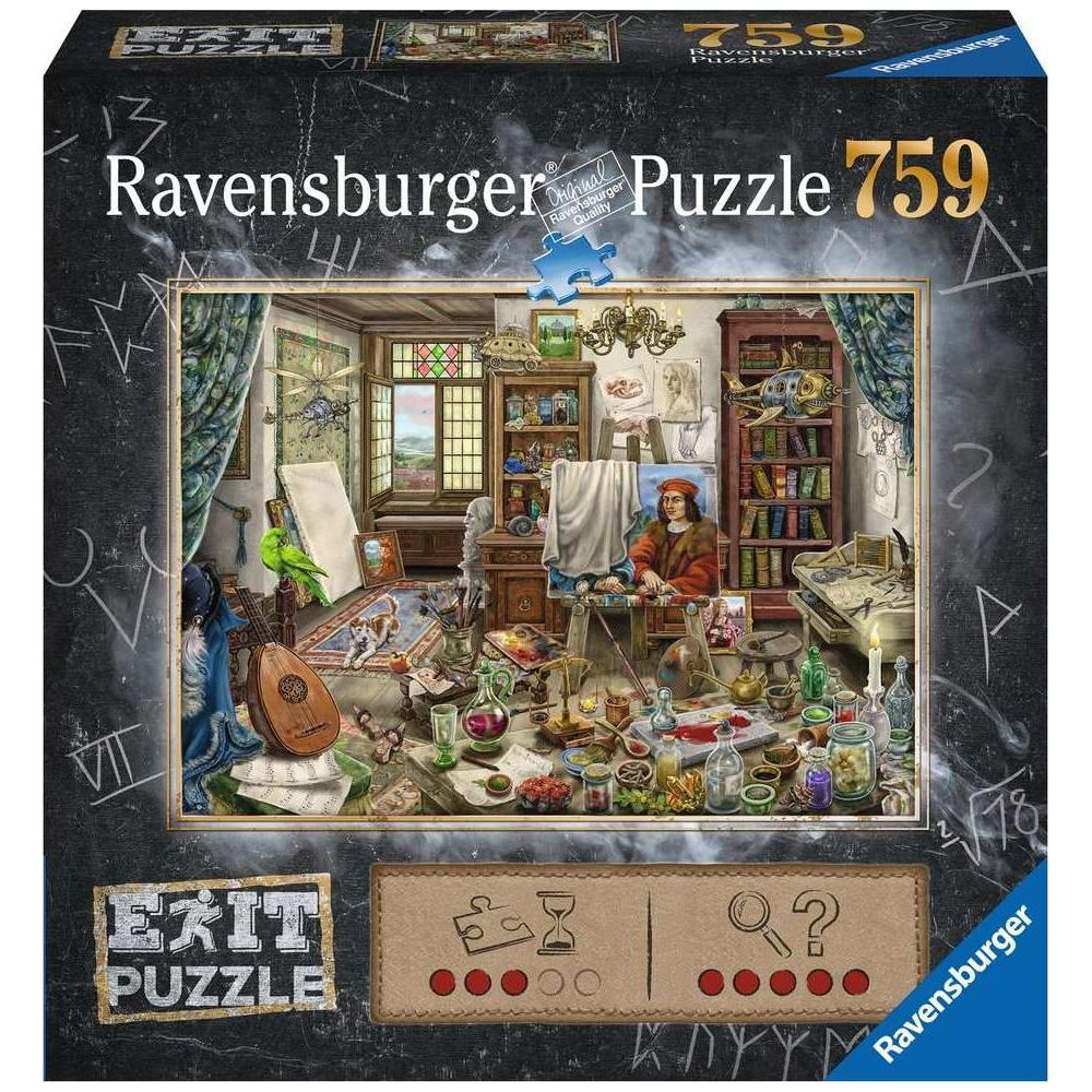 Pudełko z puzzlami Ravensburger przedstawiające pracownię artysty z farbami, sztalugą i książkami.