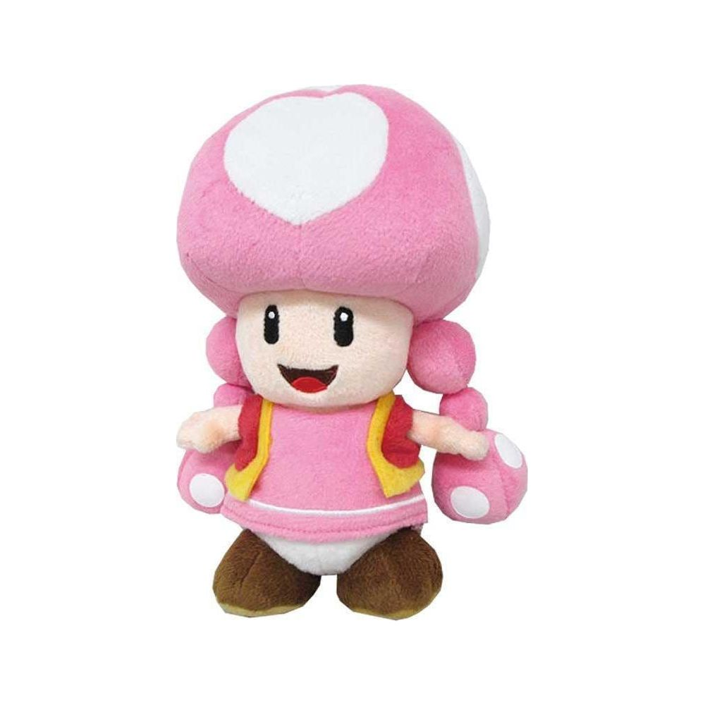 Pluszowa zabawka różowego Toada z białymi kropkami na czapce i żółtą kamizelką.