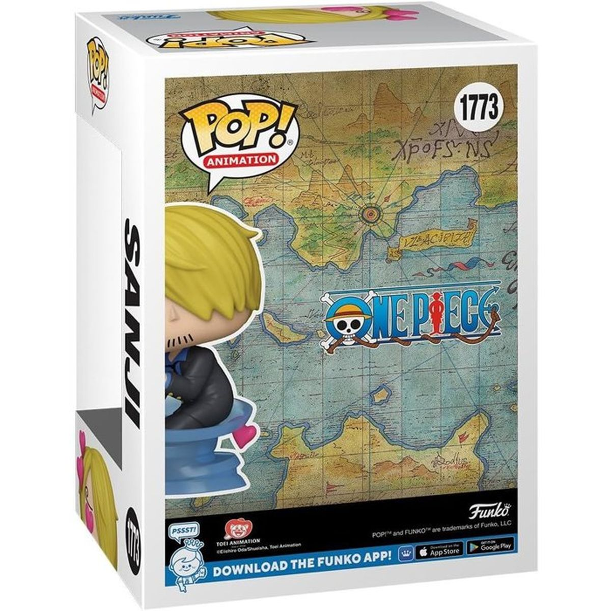 Funko Pop! doos met Sanji-figuur en One Piece-kaartontwerp op de achterkant.