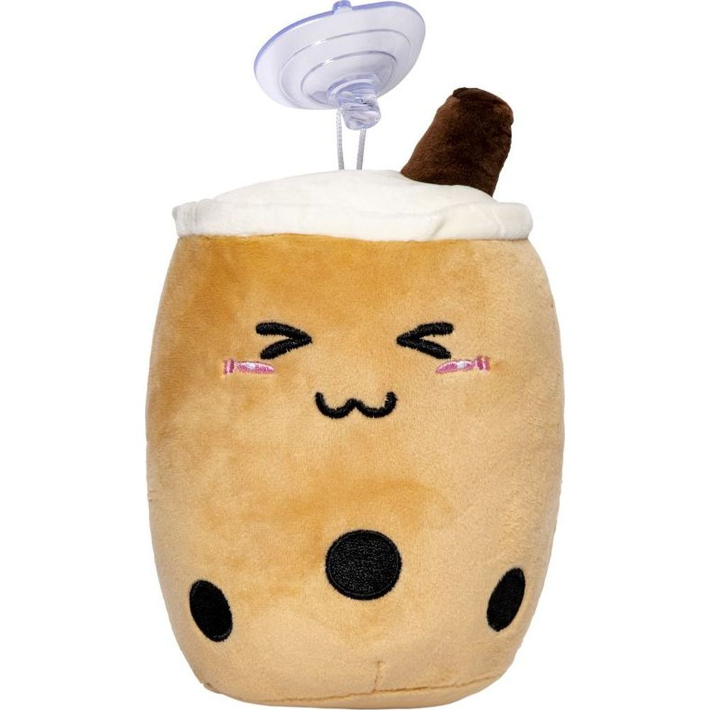 Brauner Plüsch-Bubble-Tea mit Gesicht und Saugnapf.