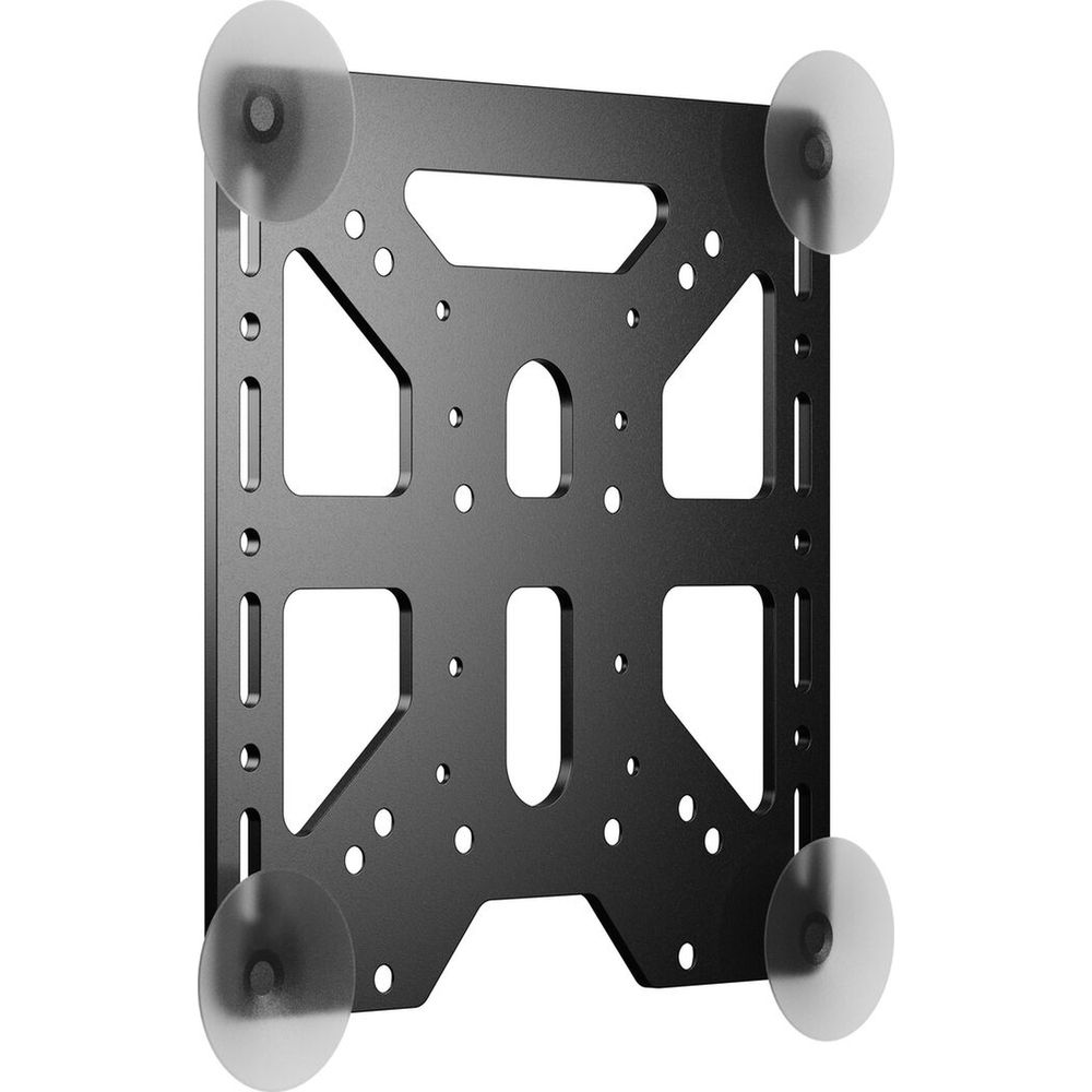 Supporto a parete nero con quattro ventose trasparenti, sfondo bianco.