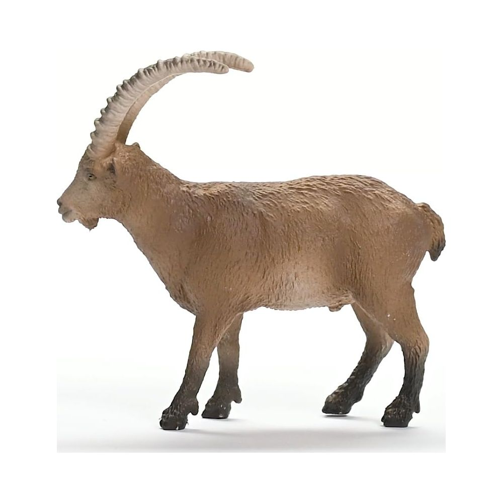 Brązowa zabawka kozicy z zakrzywionymi rogami na białym tle.