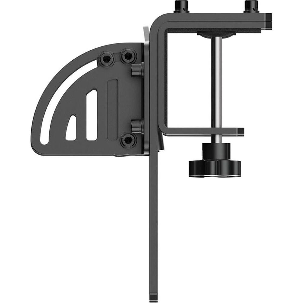 Support à pince noir avec bras réglable et vis moletée.