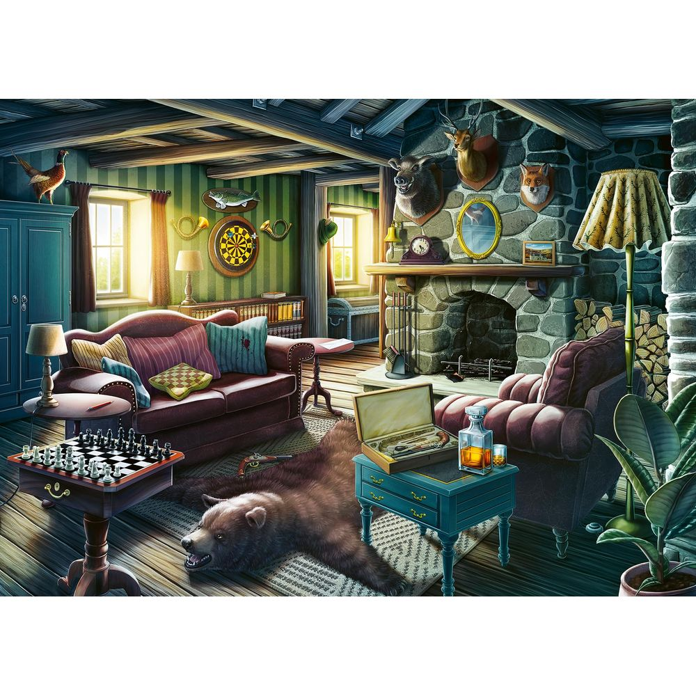 Rustykalny salon z kominkiem, dywanem z niedźwiedzia, szachownicą i głowami zwierząt.