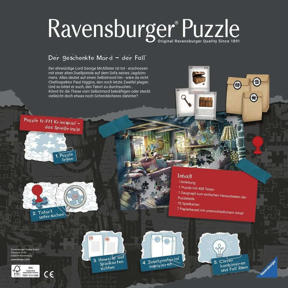 Puzzle Ravensburger: Gra kryminalna z 408 elementami, kartami, przyssawką i torebkami.