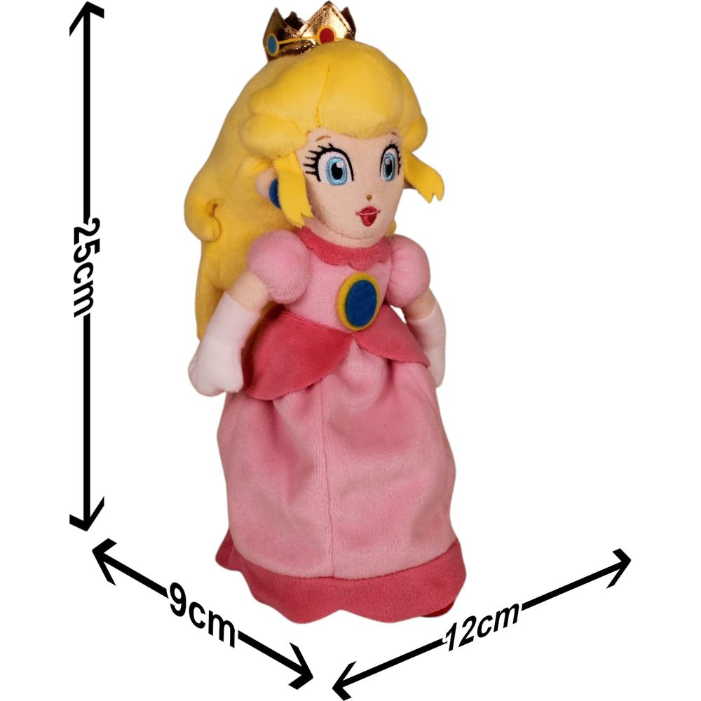 Peluche Princesa Peach con corona y vestido rosa, 25cm de alto.