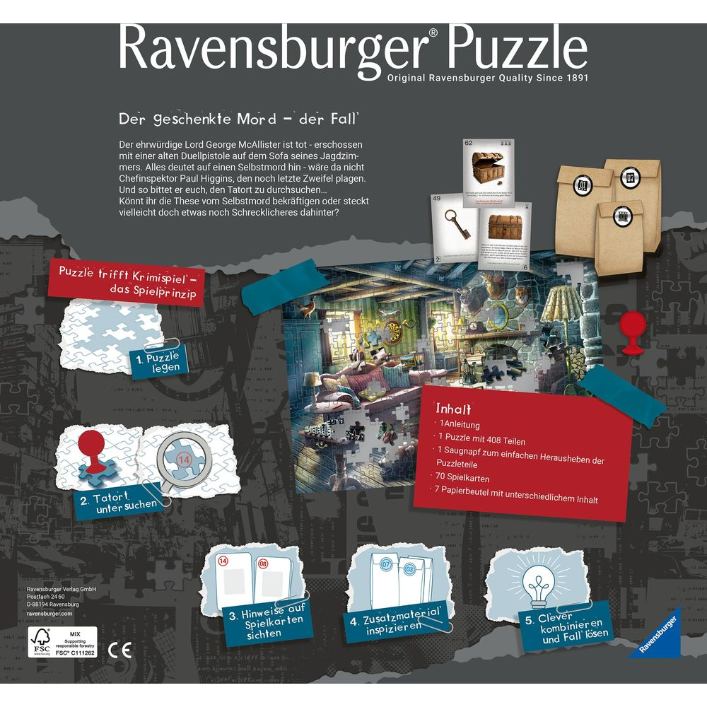 Pudełko Ravensburger Puzzle z grą kryminalną: miejsce zbrodni, instrukcje i zawartość.