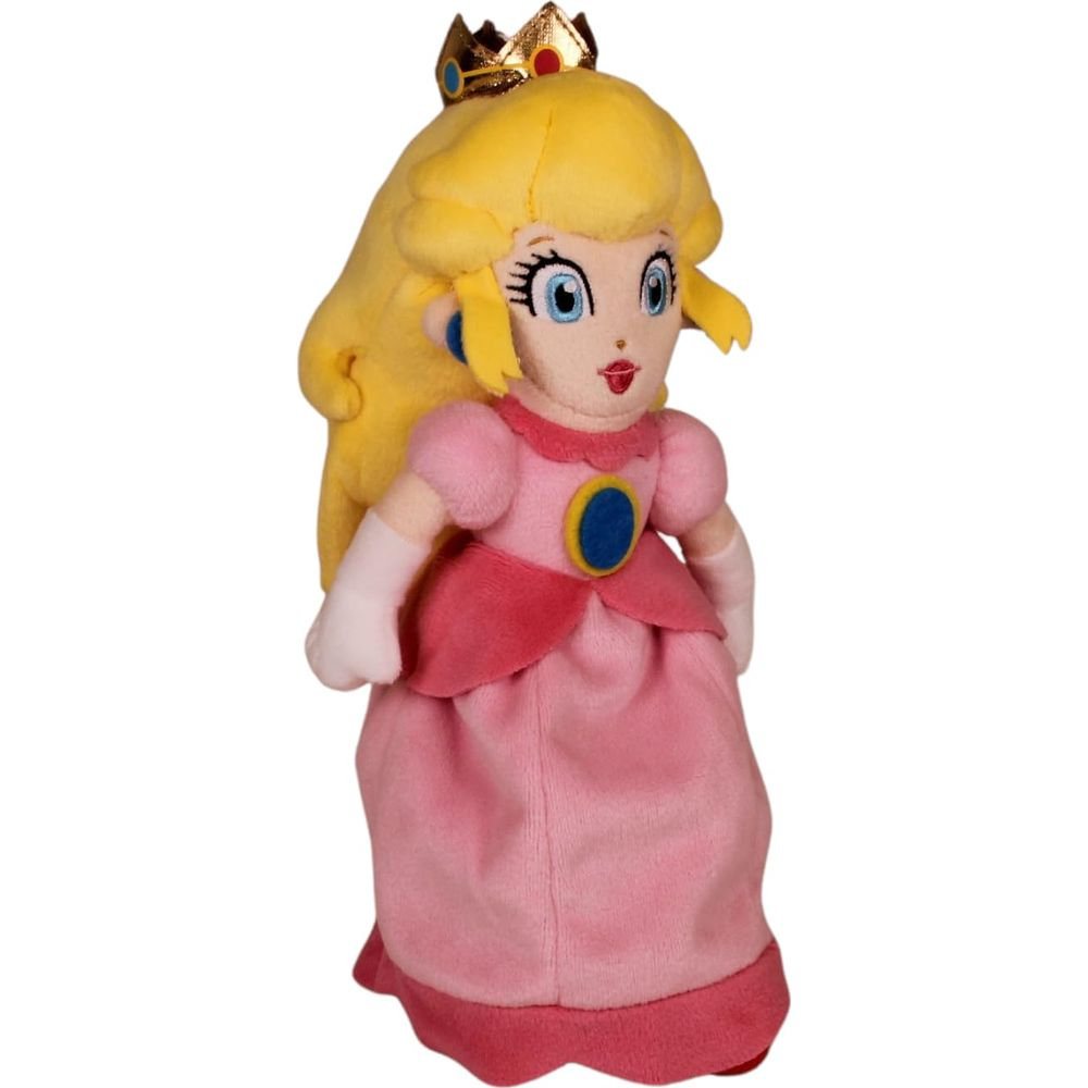 Peluche Princesa Peach con pelo rubio, ojos azules y vestido rosa.
