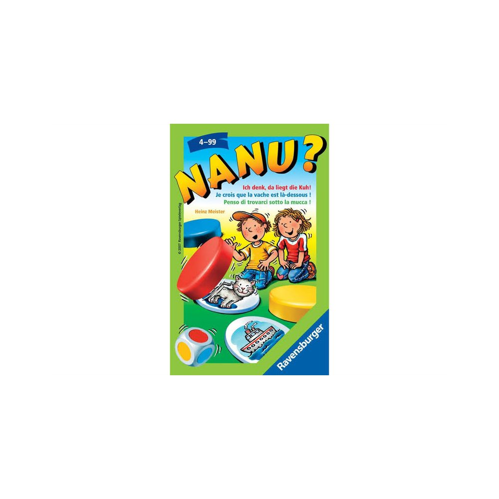 Brettspiel mit Kindern, Katze und Spielmaterialien. Ravensburger Logo.