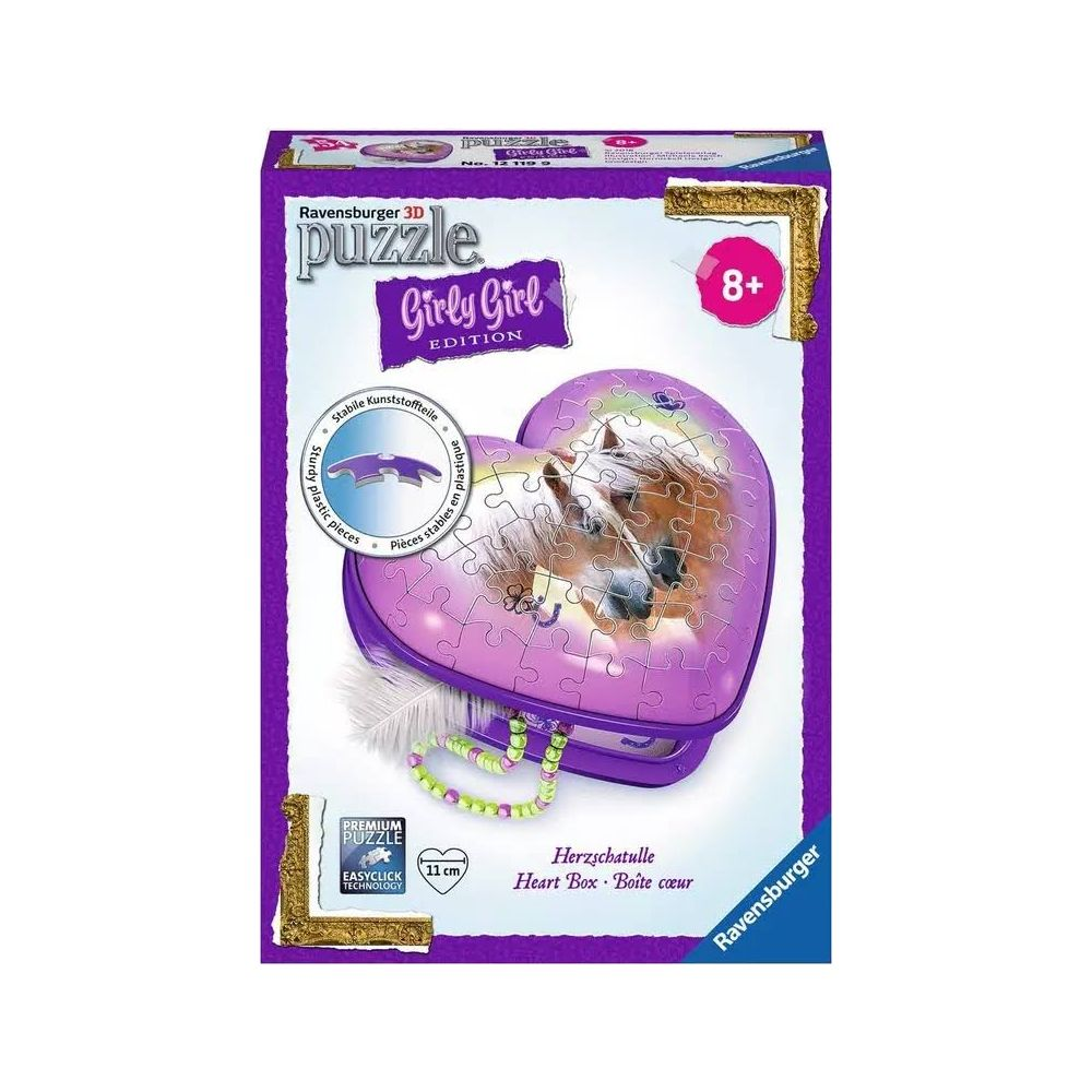 Puzzle 3D Ravensburger Scatola a Cuore, Edizione Girly Girl, con immagine di cavallo.