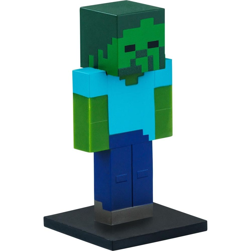 Minecraft-Zombie-Figur mit blauem Hemd und blauen Hosen auf schwarzem Sockel.