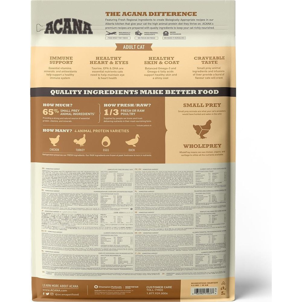 Tył torby z karmą dla kotów szczegółowo opisujący składniki i zalety.