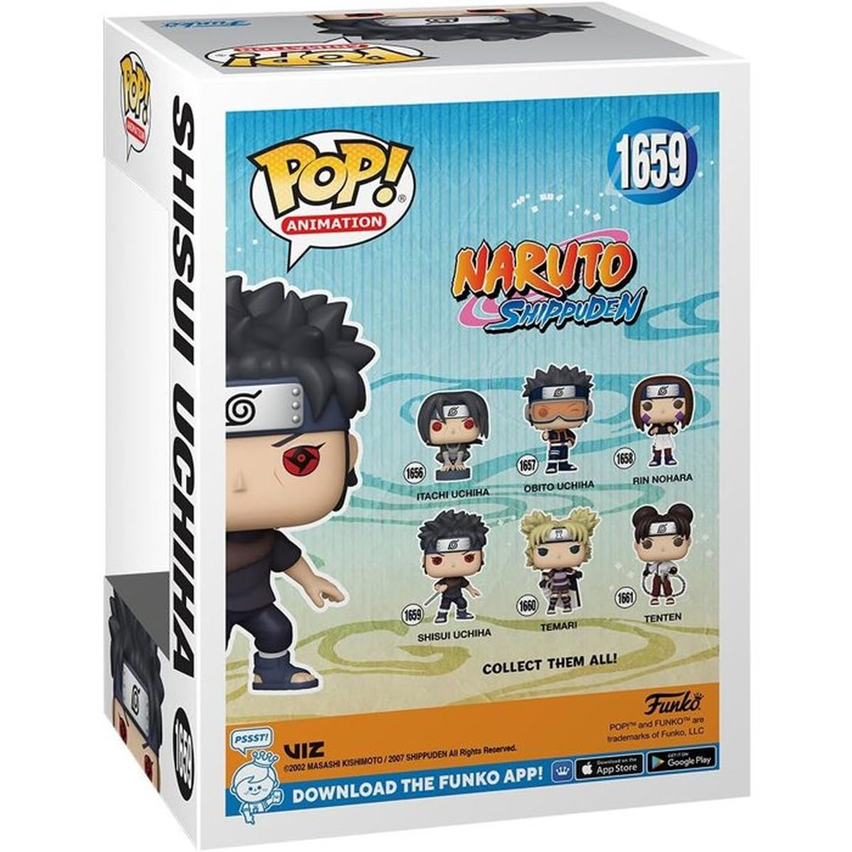 Funko Pop!-Verpackung mit Shisui Uchiha aus Naruto Shippuden und anderen Figuren.