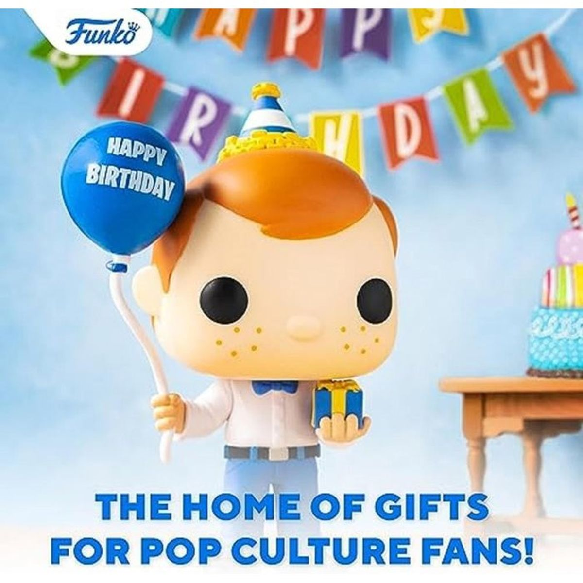 Funko-Figur mit Geburtstagsmütze, Ballon und Geschenk. Banner im Hintergrund.
