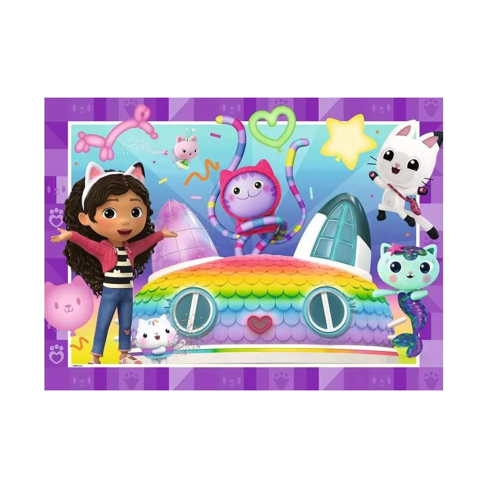 Gabby e amici gatti con una casa arcobaleno ed elementi colorati.