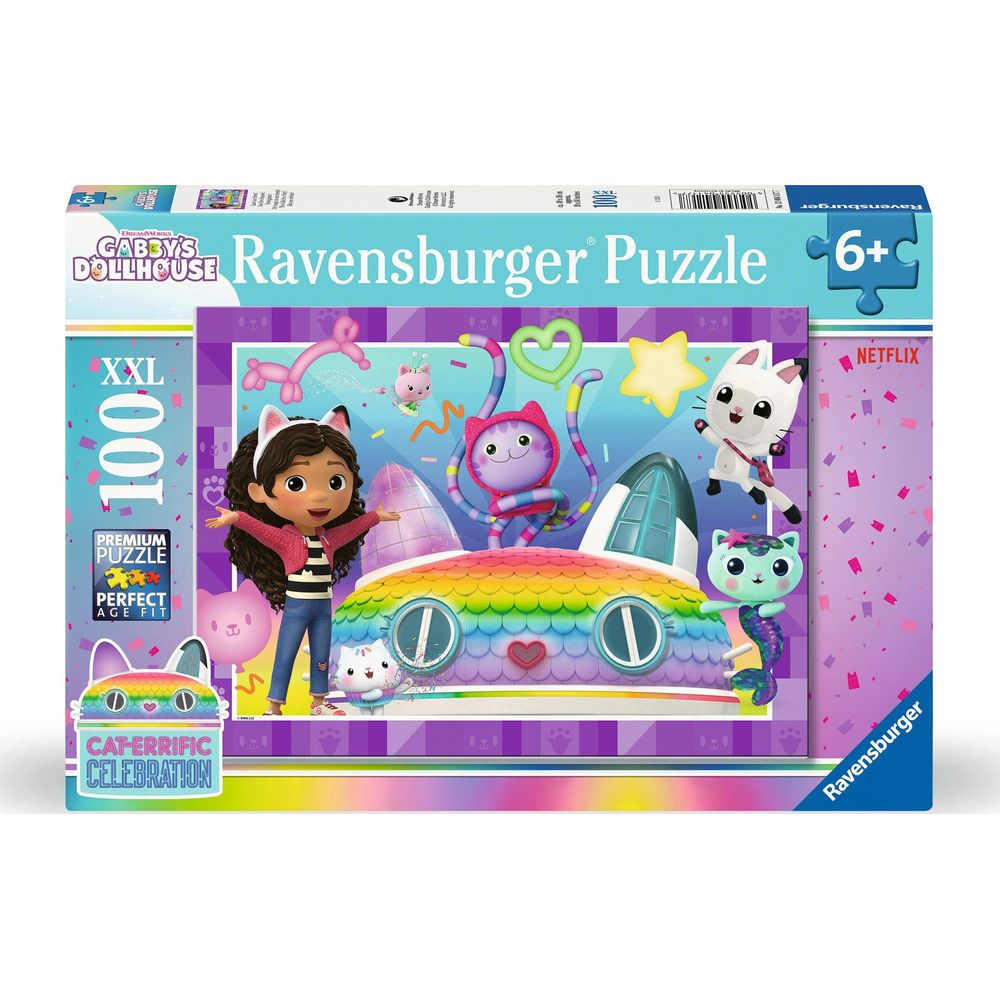 Puzzle XXL Ravensburger Gabby's Dollhouse da 100 pezzi con personaggi e casa arcobaleno.
