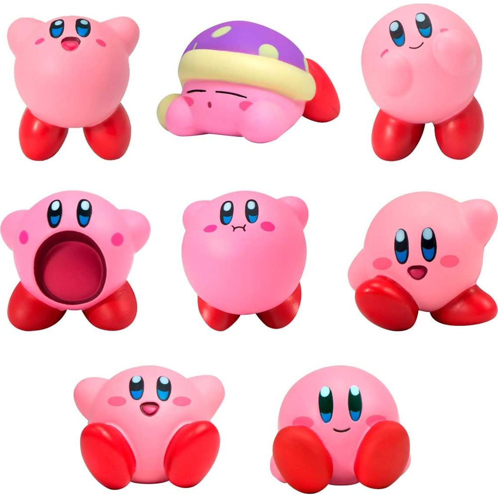 Sept figurines Kirby roses dans diverses poses sur fond blanc.