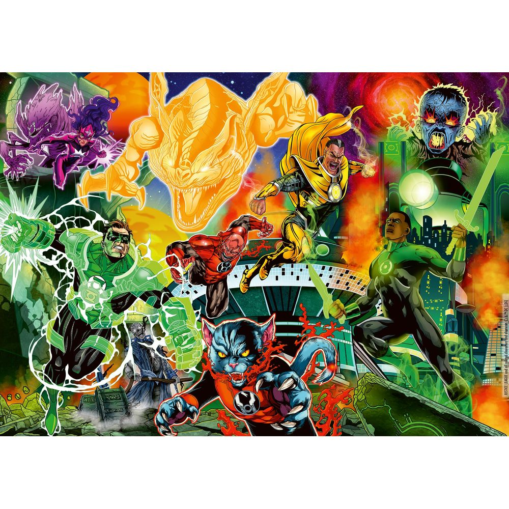 Art de bande dessinée de Green Lanterns combattant des méchants comme un dragon jaune.