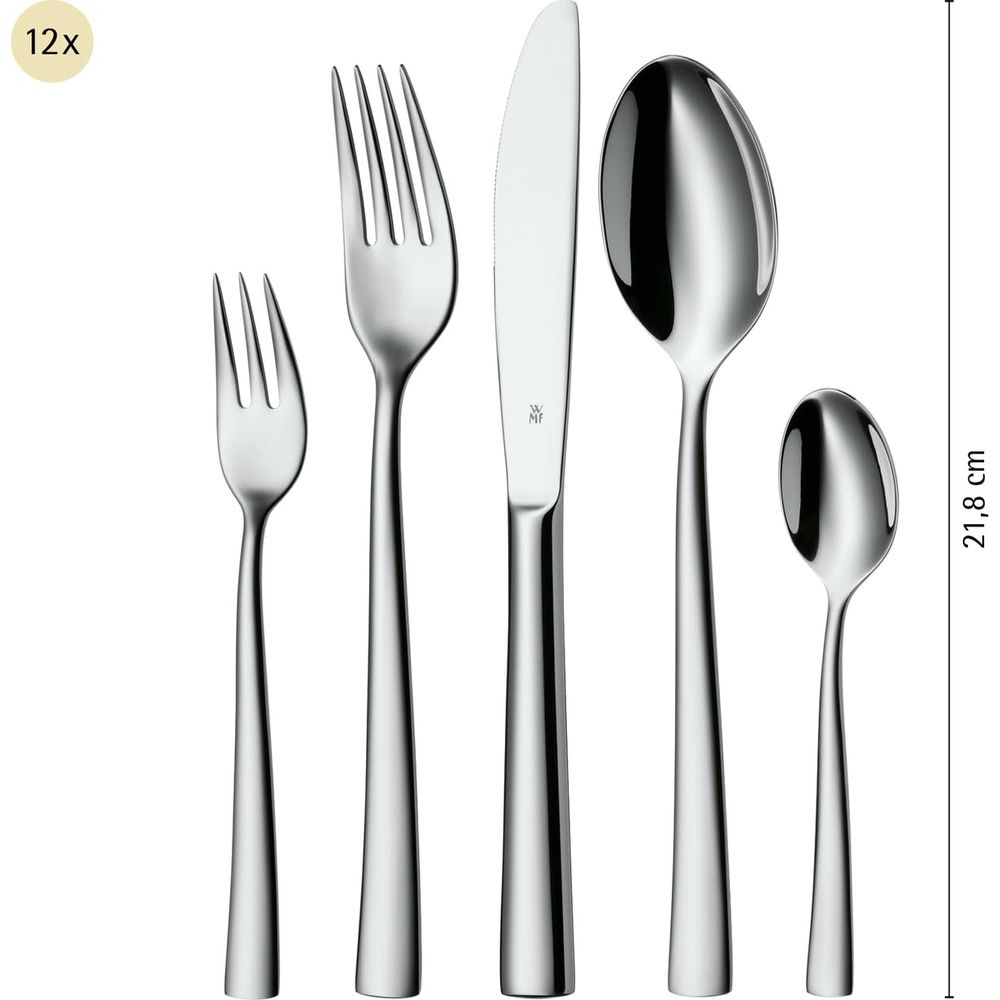 Set aus 5 glänzenden Metallbesteckteilen: Gabel, Messer, Löffel und Teelöffel.