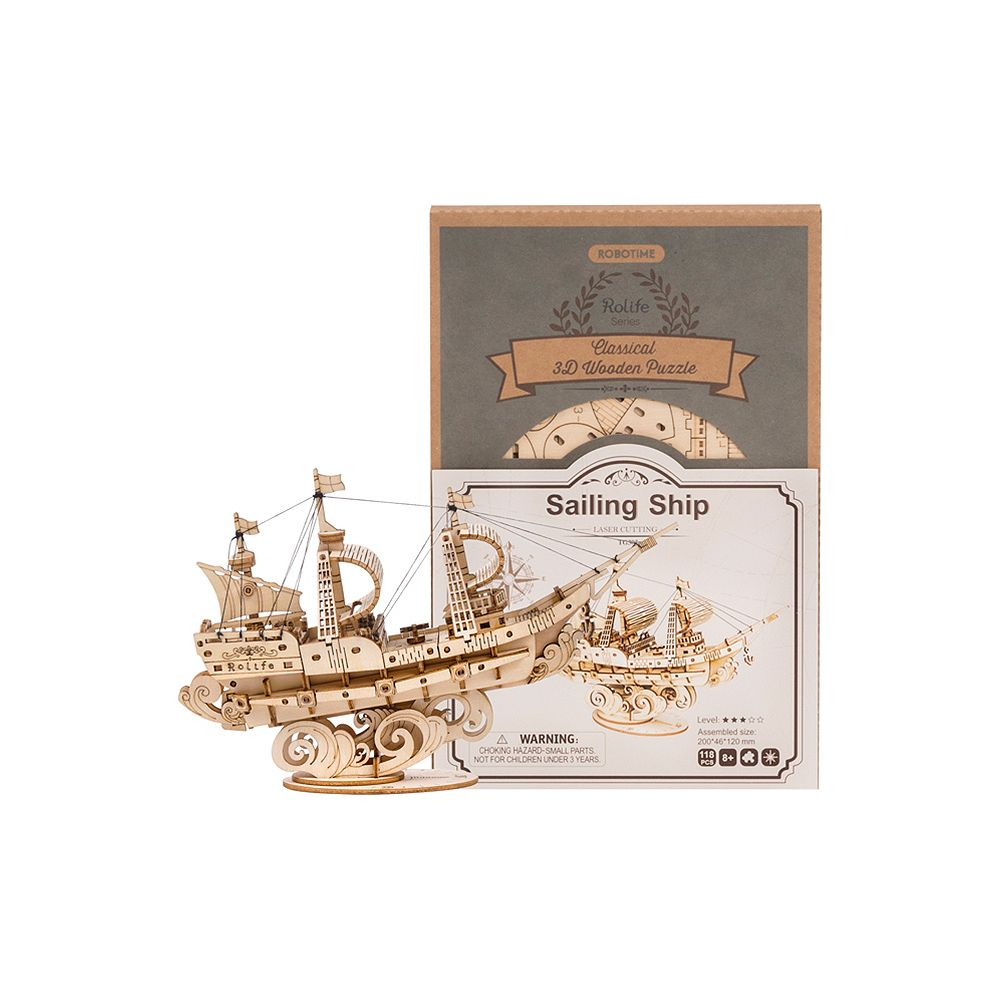 Ein hölzernes 3D-Segelschiff-Puzzle vor seiner Verpackung.