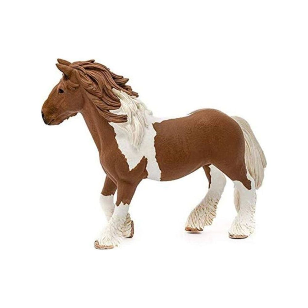 Brązowy koń z białymi plamami i długą grzywą, stoi w profilu.