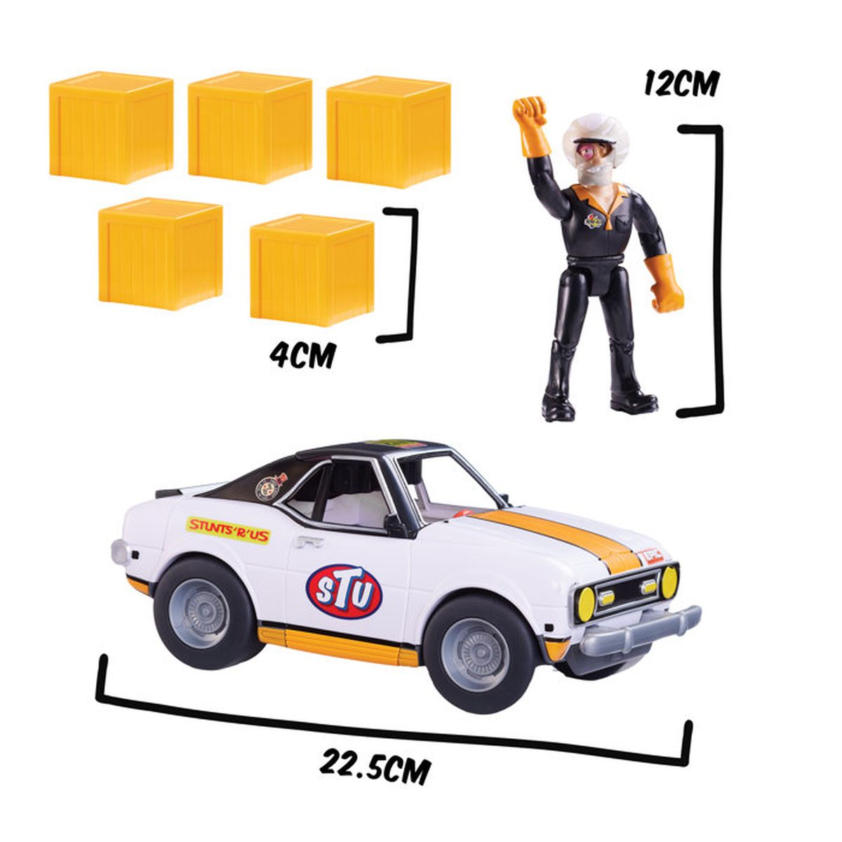 Coche de juguete, figura y cajas amarillas con medidas.