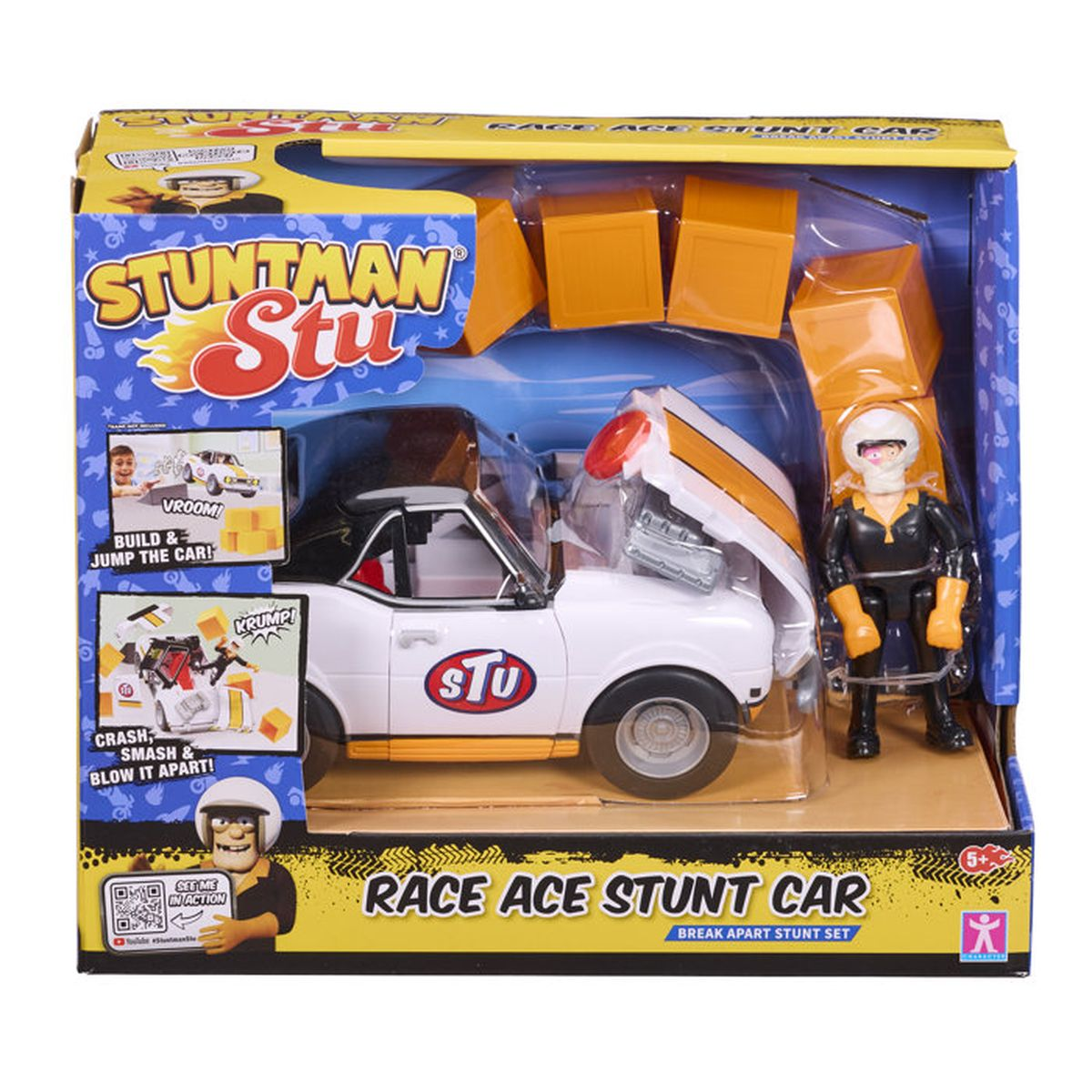 Set de juguete Stuntman Stu con coche blanco, figura y bloques naranjas.