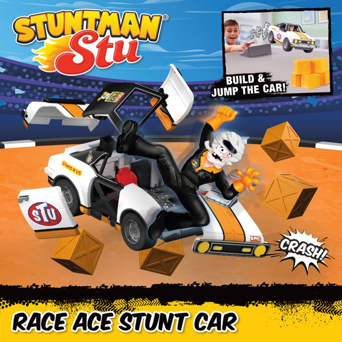 Coche Stuntman Stu con figura en el aire, rodeado de cajas. Texto: Race Ace Stunt Car.