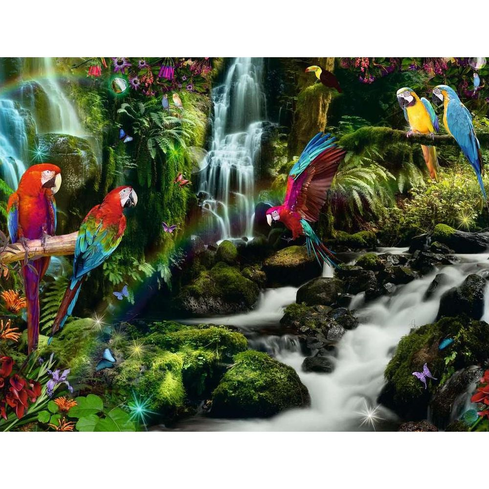 Bunter Dschungel mit Wasserfall, Papageien, Schmetterlingen und Regenbogen.