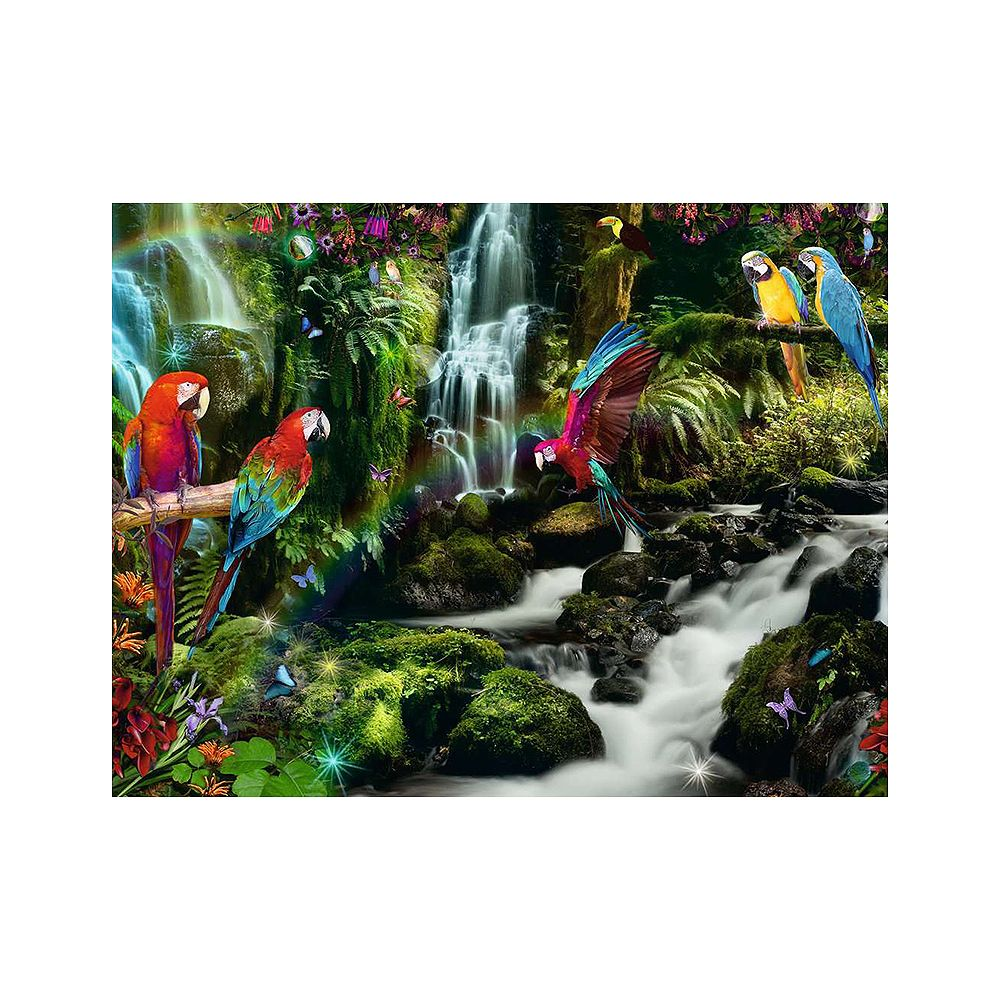 Paradies mit Wasserfällen, Papageien und Schmetterlingen.