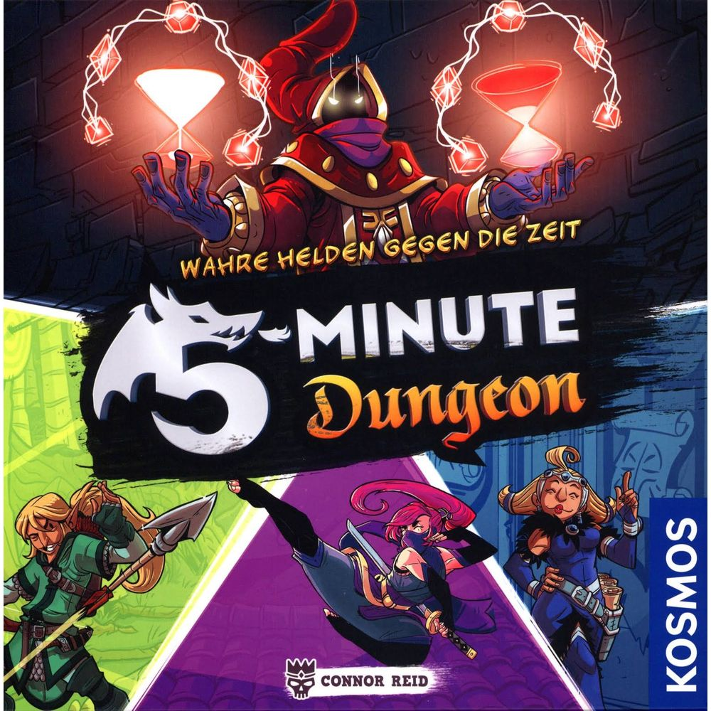 Mag trzyma klepsydry, bohaterowie walczą z potworami. Gra '5-Minute Dungeon'.