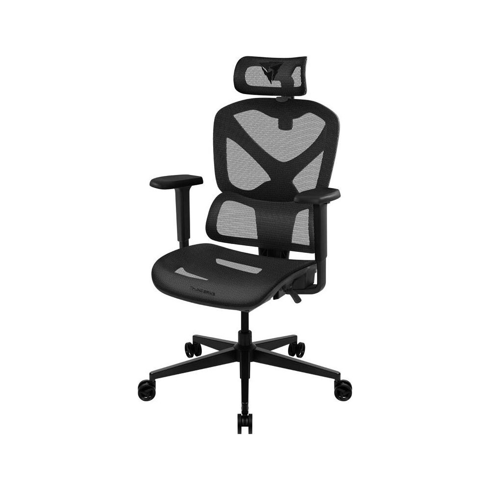 Ein schwarzer Bürostuhl mit Netzrückenlehne, verstellbaren Armlehnen und Kopfstütze.