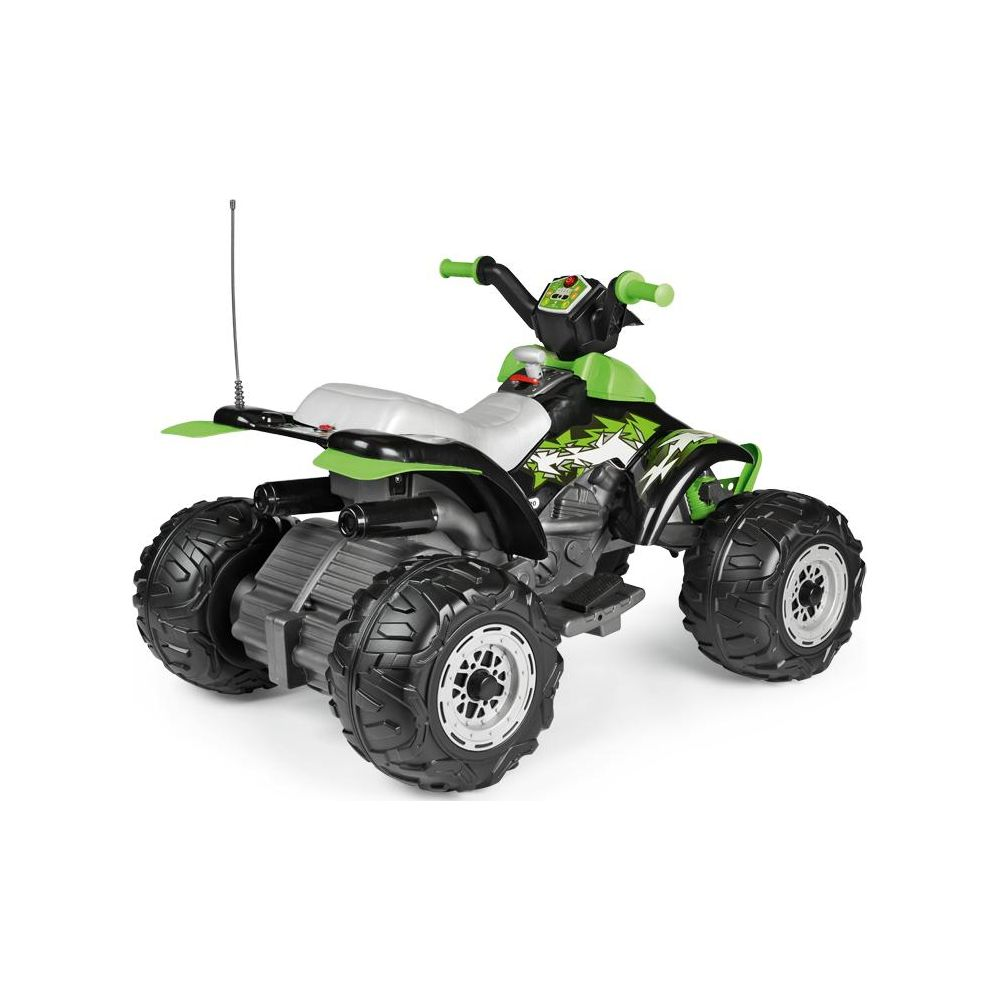 Un quad per bambini verde e nero con sedile bianco e grandi ruote.