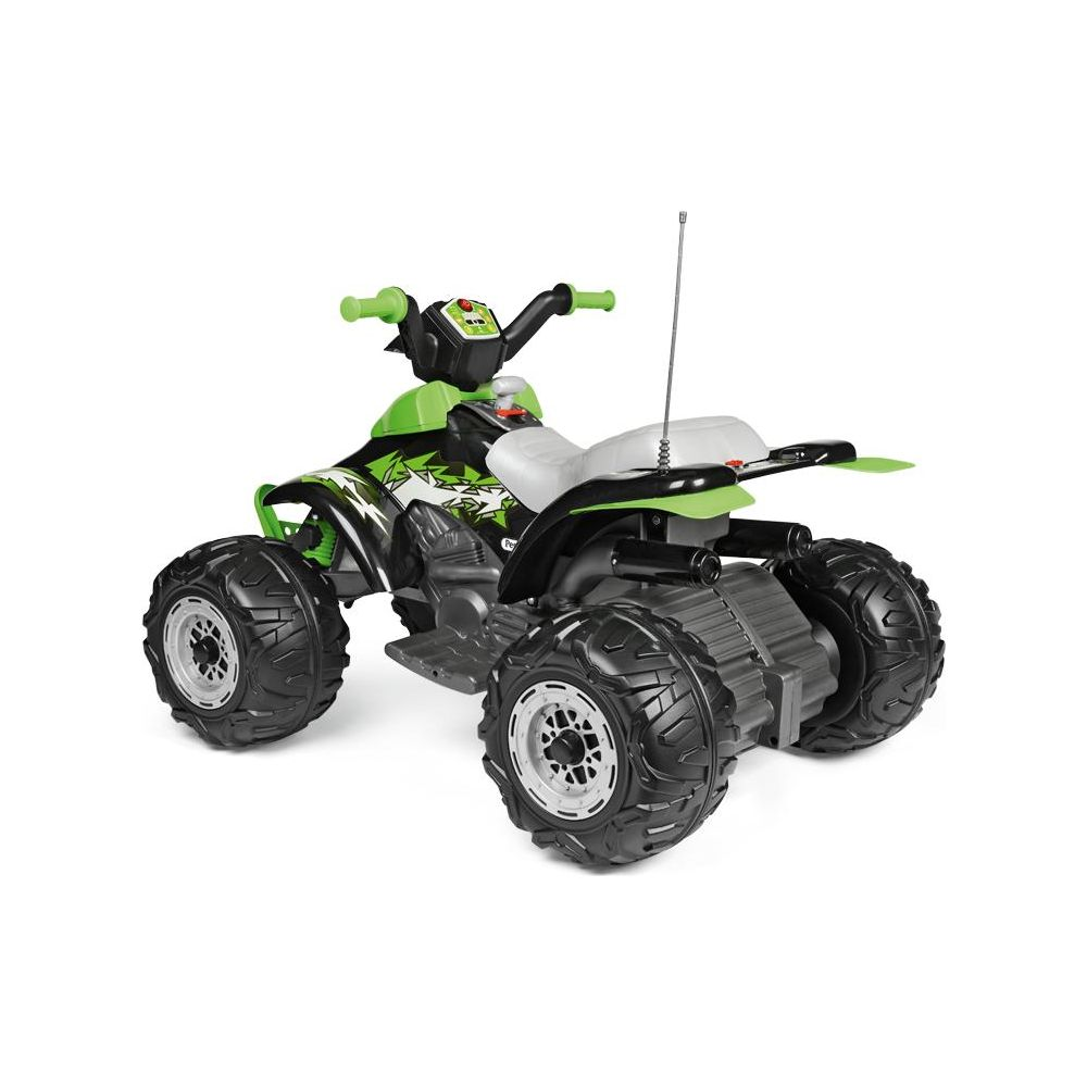Quad per bambini verde e nero con ruote grandi e antenna.