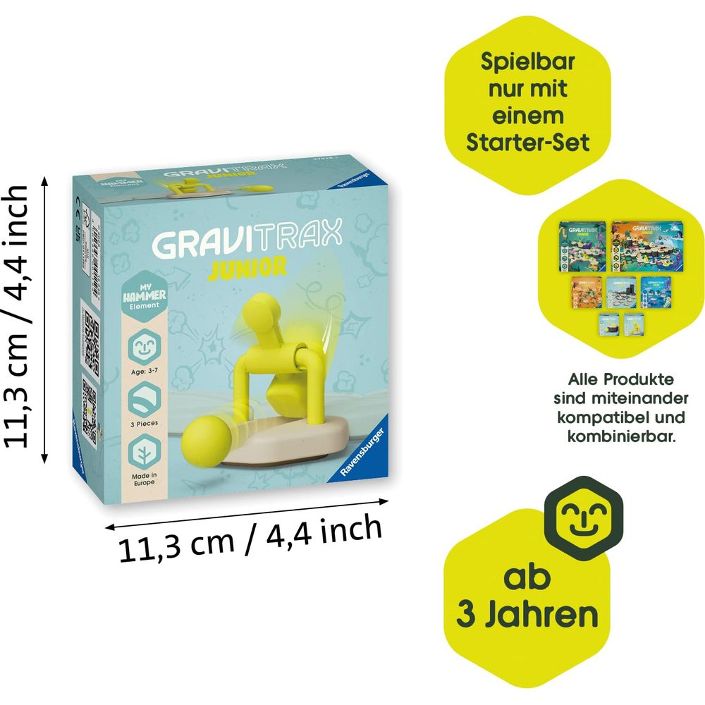 Gravitrax Junior Hammer Element Box mit gelbem Hammer und Kugel. Ab 3 Jahren.