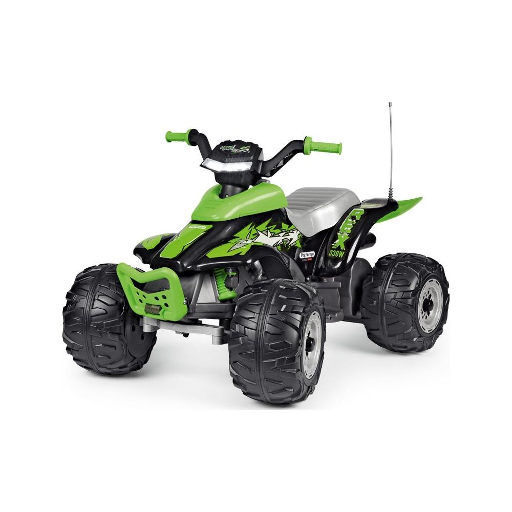 Un quad per bambini verde e nero con ruote grandi.