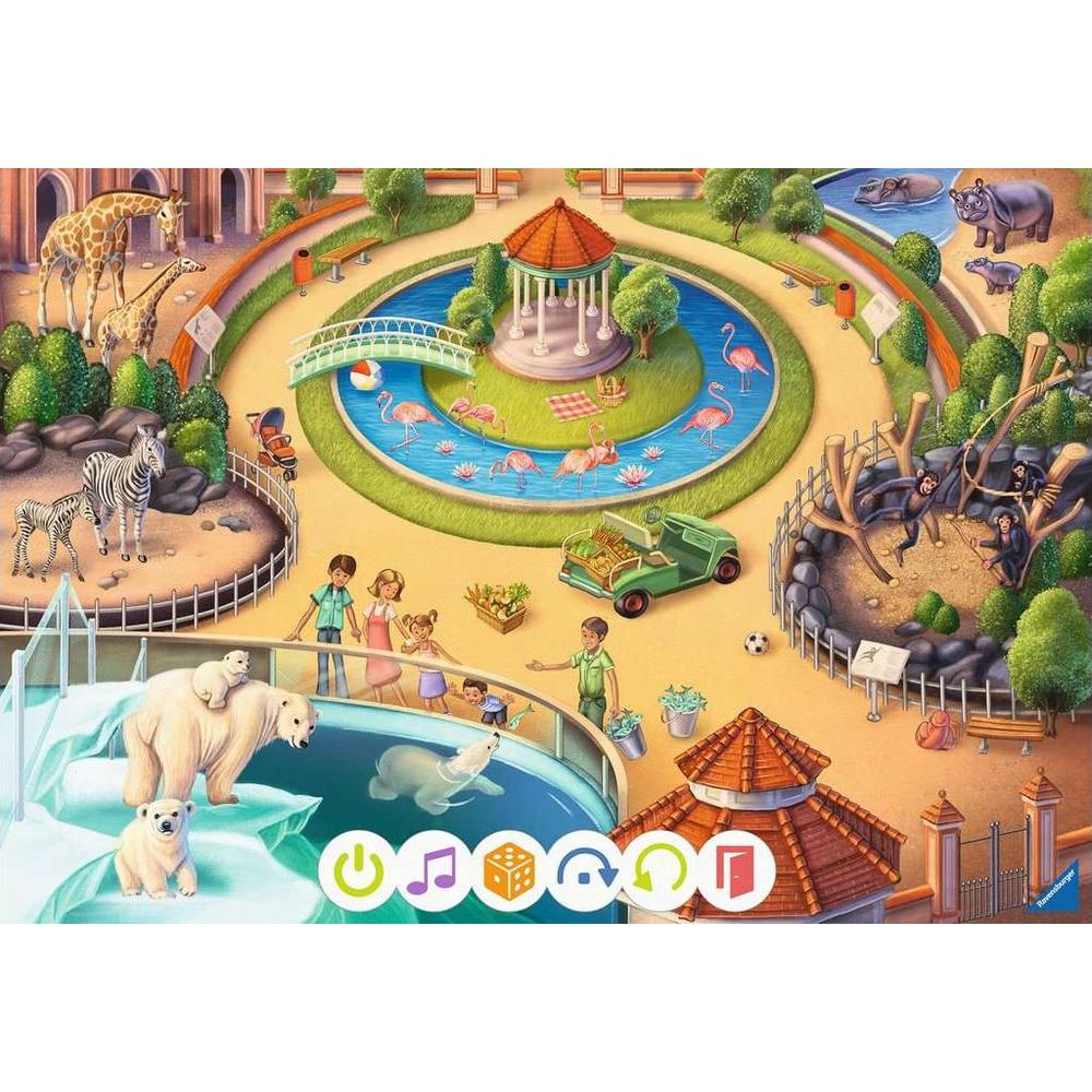 Ein Zoo mit Tieren wie Eisbären, Flamingos, Affen, Giraffen, Zebras und Nilpferden.