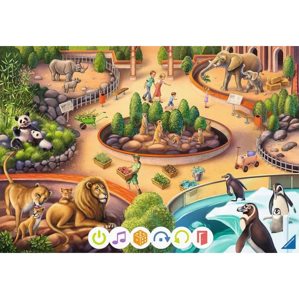 Ein Zoo mit Elefanten, Nashörnern, Löwen, Pandas und Pinguinen.