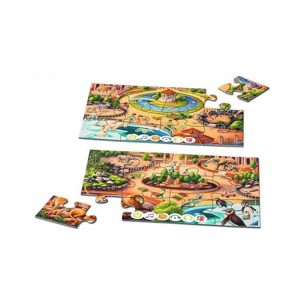 Zwei Puzzles mit Zooszenen und Tieren, mit einzelnen Teilen.