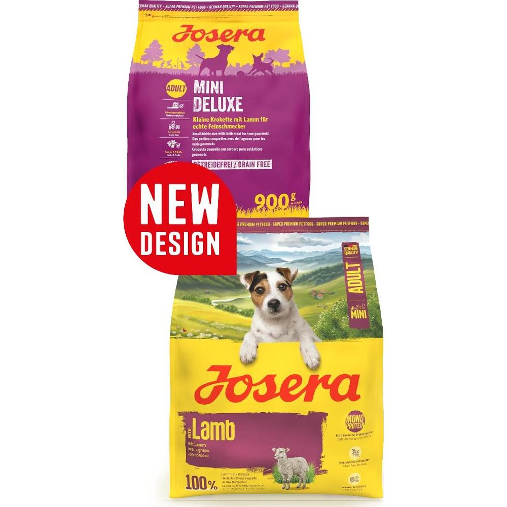 Zwei Josera Hundefutter-Tüten: eine lila für Mini Deluxe, eine gelbe für Lamm.