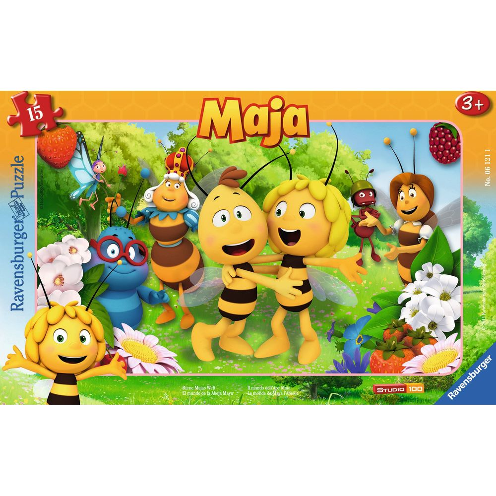 Die Biene Maja und Freunde im Sonnenschein, mit Beeren und Blumen.