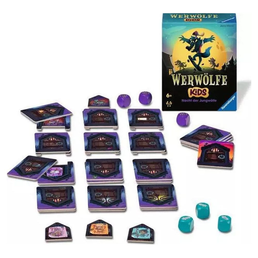Gioco da tavolo con case viola, dadi e carte da gioco. Gioco Ravensburger.