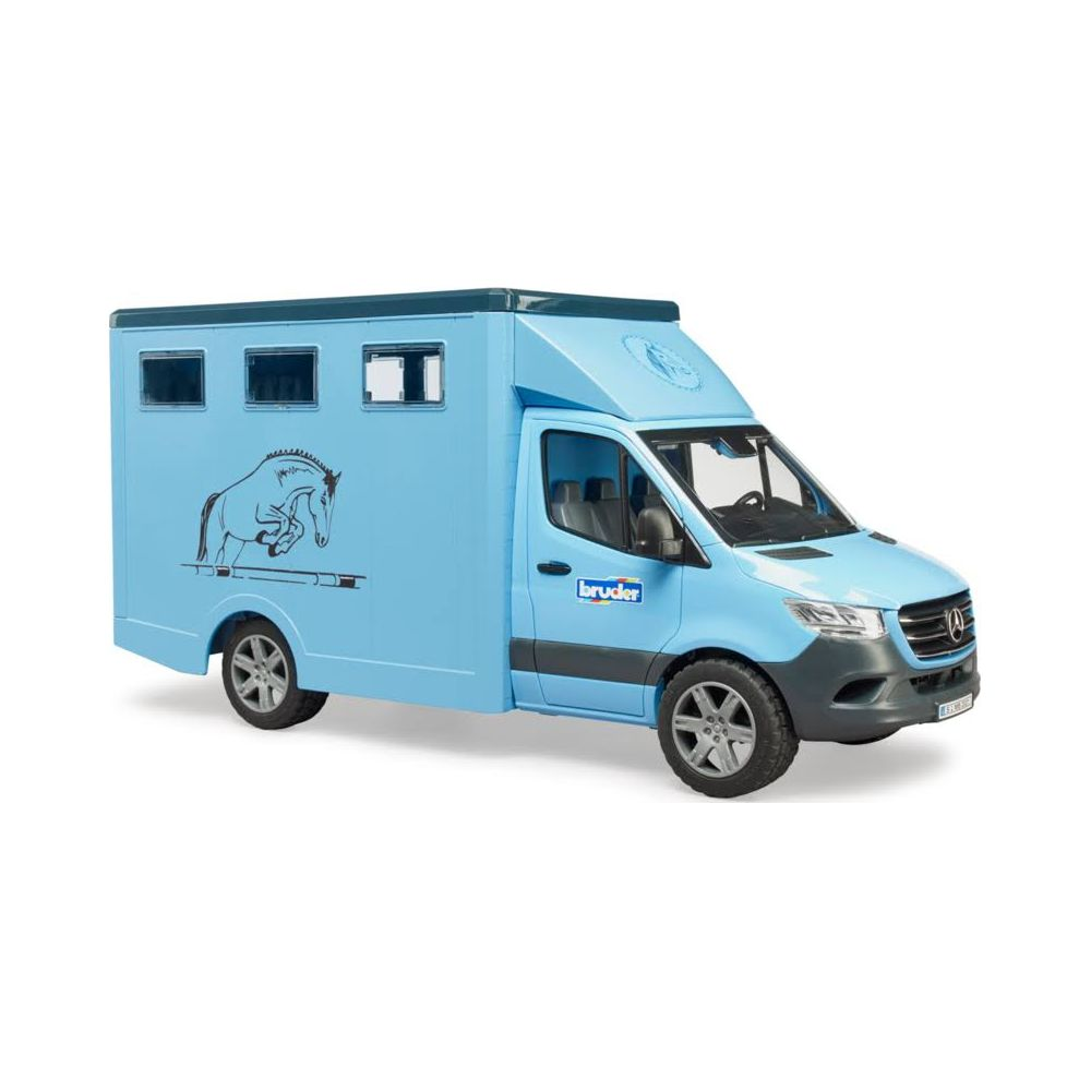 Jasnoniebieska zabawka-transporter dla koni z naklejką z sylwetką skaczącego konia.