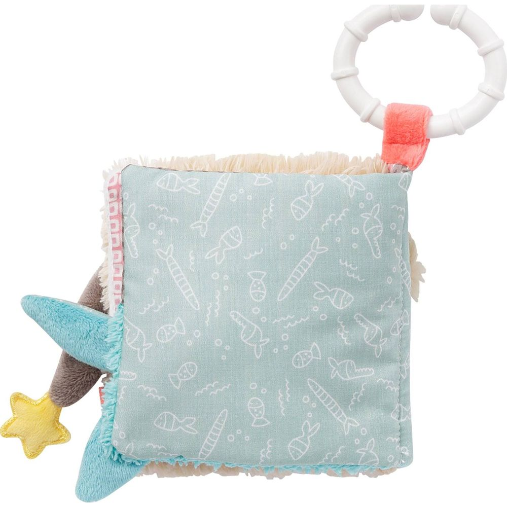 Miękka książeczka z tkaniny ze wzorem ryb i muszelek. Z gryzakiem.