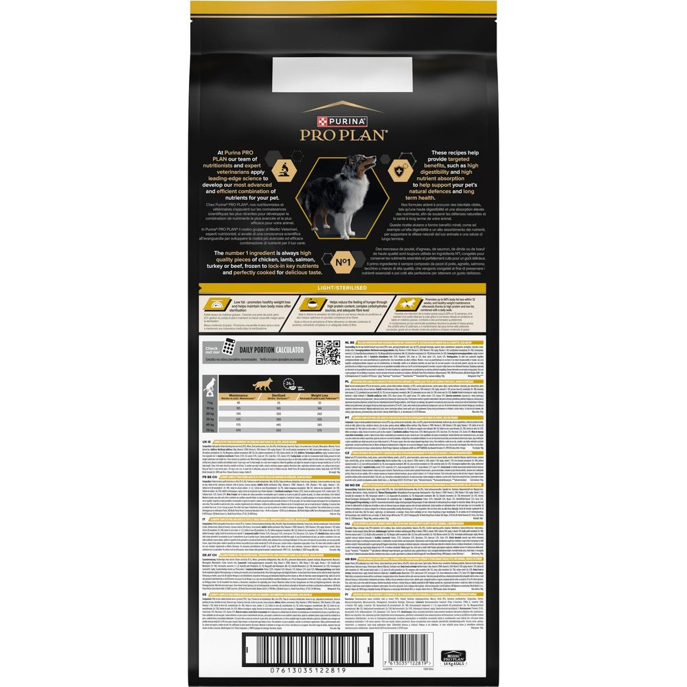 Torba z karmą dla psa z informacjami o składnikach odżywczych, tabelami karmienia i psem.