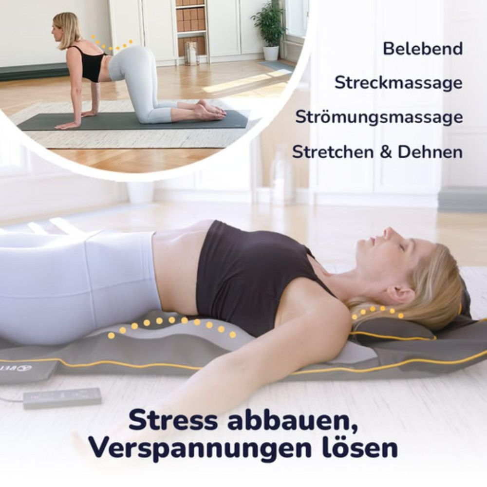 Frau auf Matte liegend, Entspannung & Dehnung.